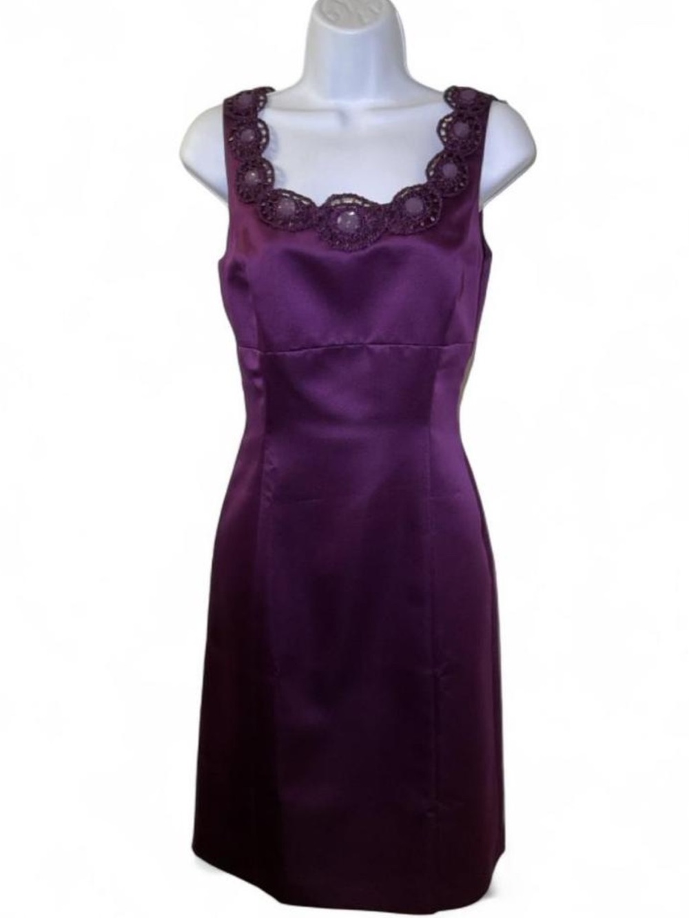 ANTONIO MELANI Plum Satin Sheath Dress with Lace Appliqué